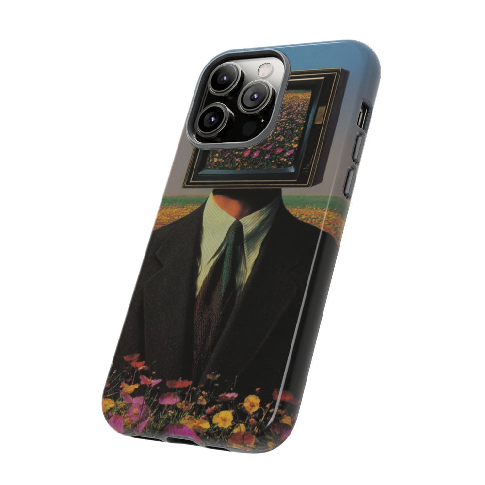 Surrealistische Man met Televisiehoofd in Bloemenveld