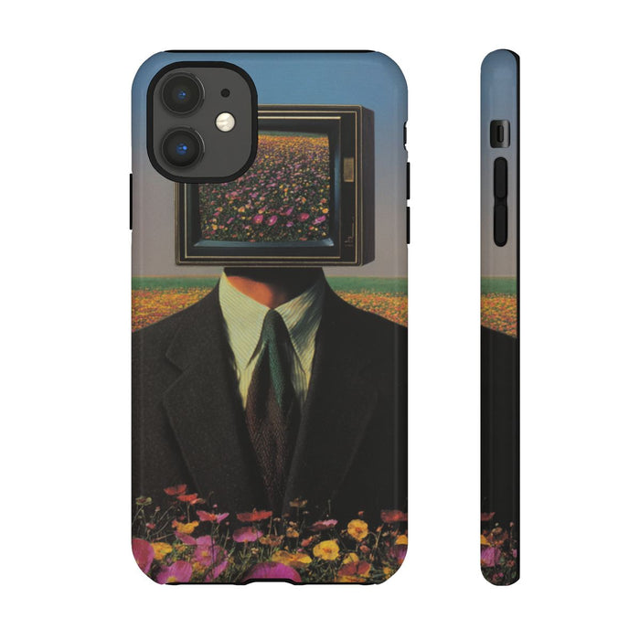 Surrealistische Man met Televisiehoofd in Bloemenveld