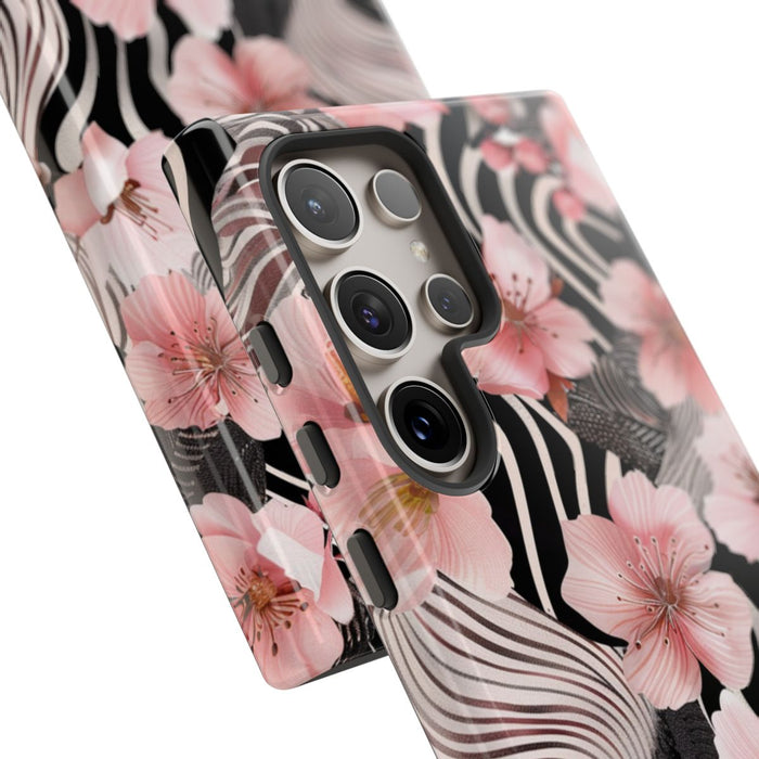 Roze Kersenbloesems met Zwart-Wit Abstract Patroon
