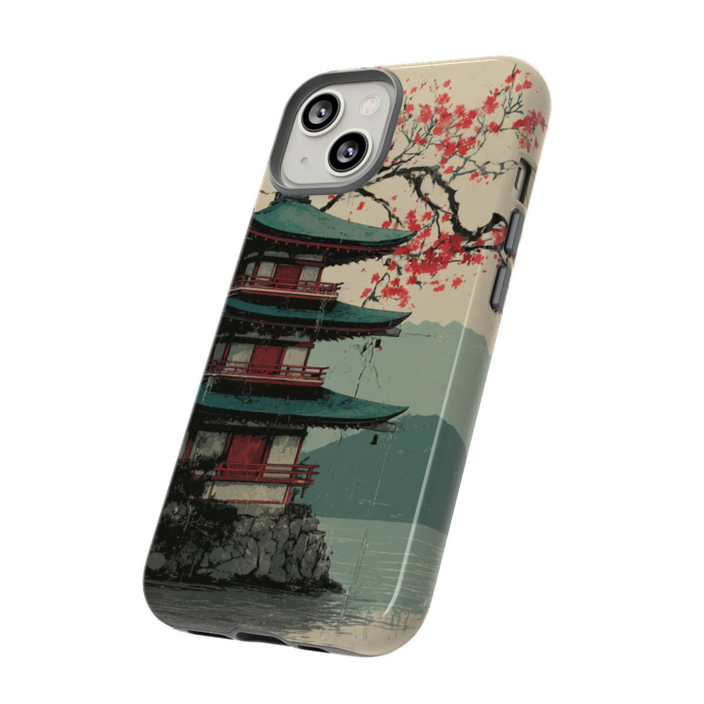 Pagode met Kersenbloesem en Rode Zon