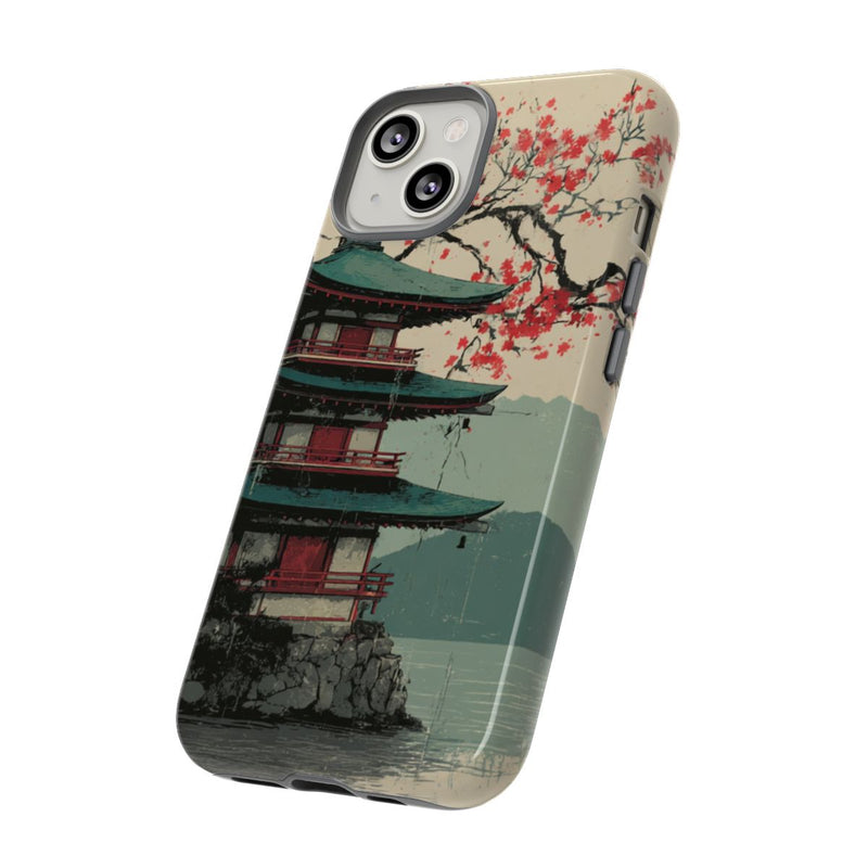 Pagode met Kersenbloesem en Rode Zon