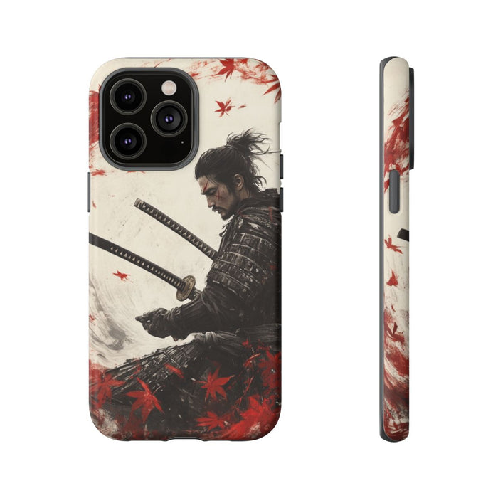 Samurai met Twee Katana's en Rode Esdoornbladeren