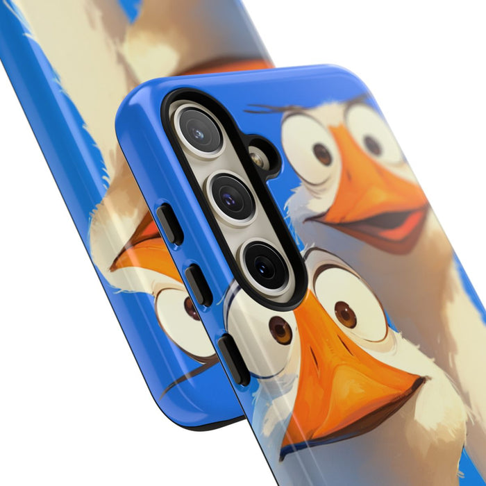 Twee Grappige Ganzen met Grote Ogen op Blauwe Achtergrond