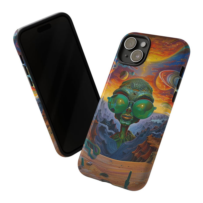 Groene Alien met Zonnebril in Psychedelisch Ruimtelandschap