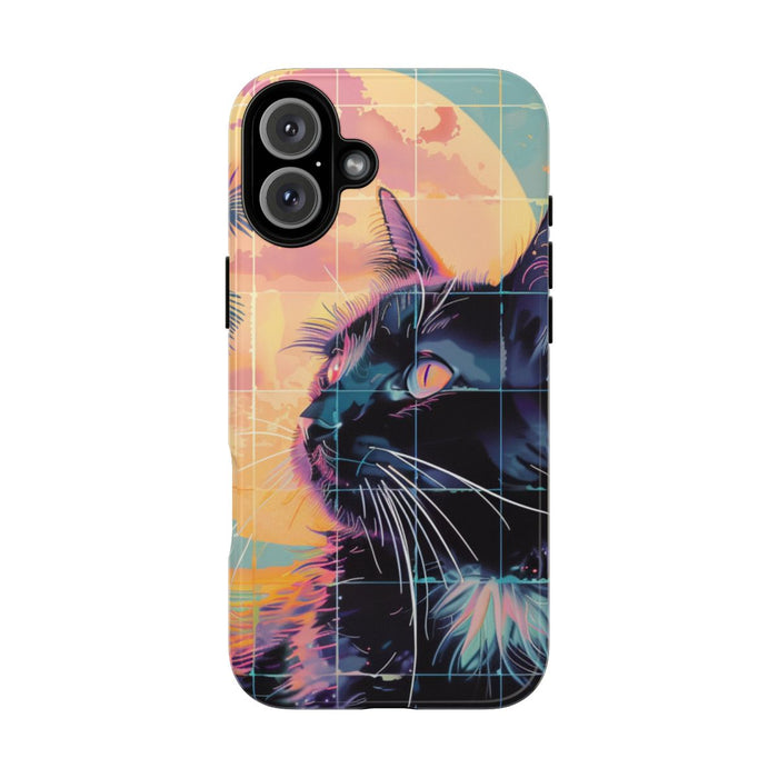 Lofi Vaporwave Kat met Zonsondergang en Palmen