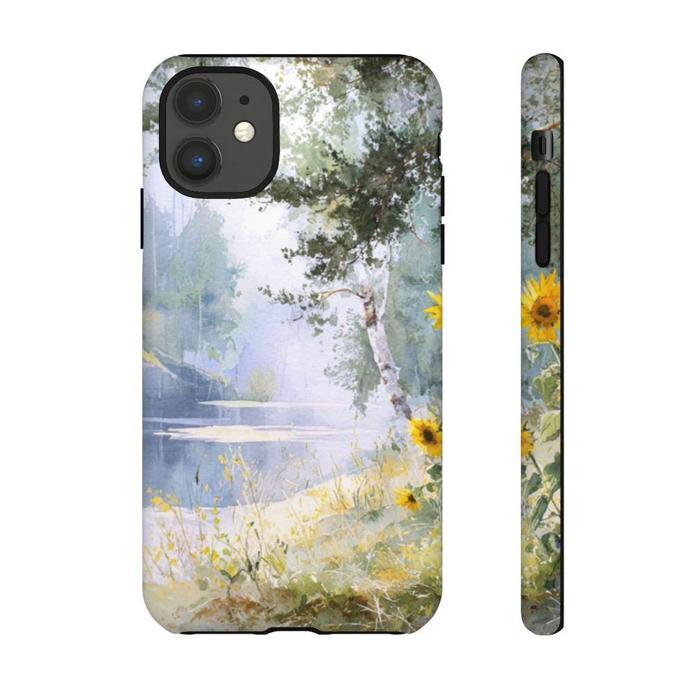 Gele Zonnebloemen bij een Bosmeer