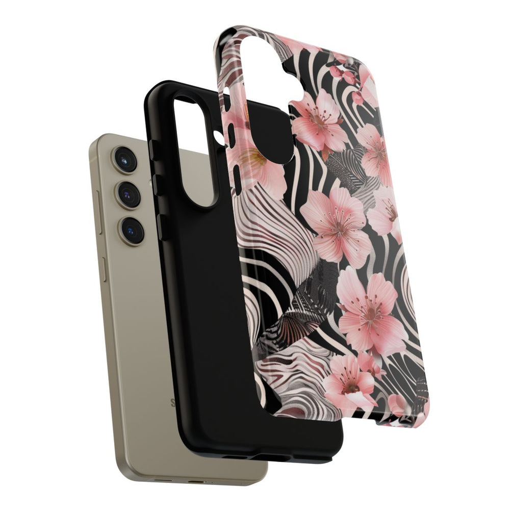 Roze Kersenbloesems met Zwart-Wit Abstract Patroon