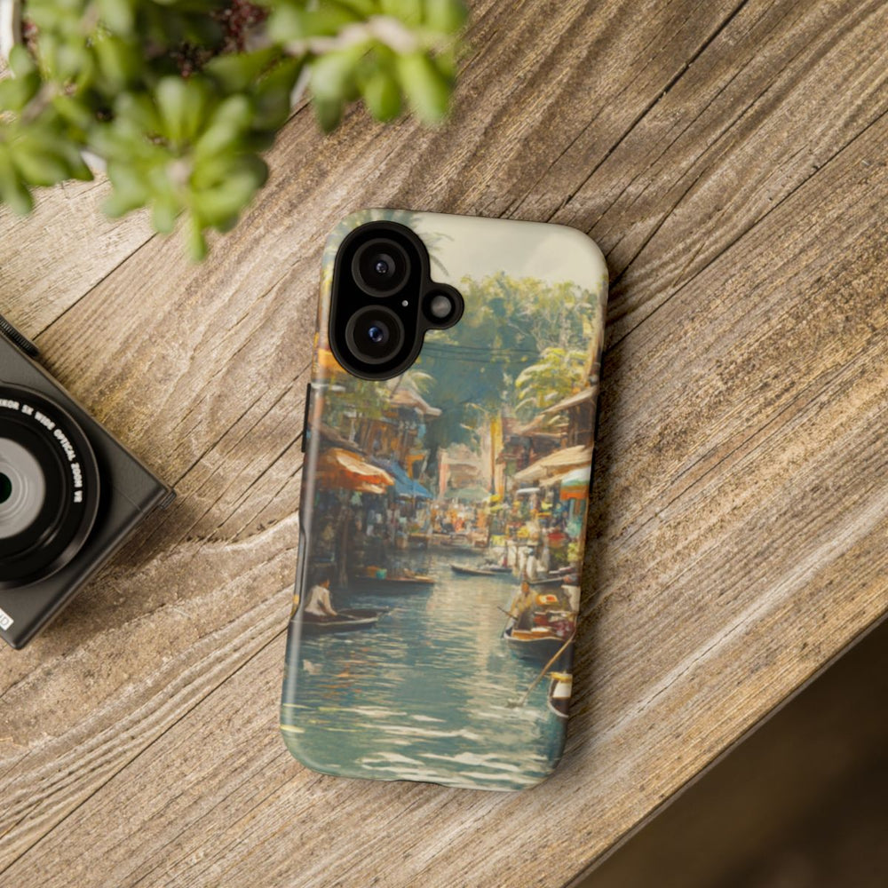 Levendige Watermarkt met Boten en Kraampjes