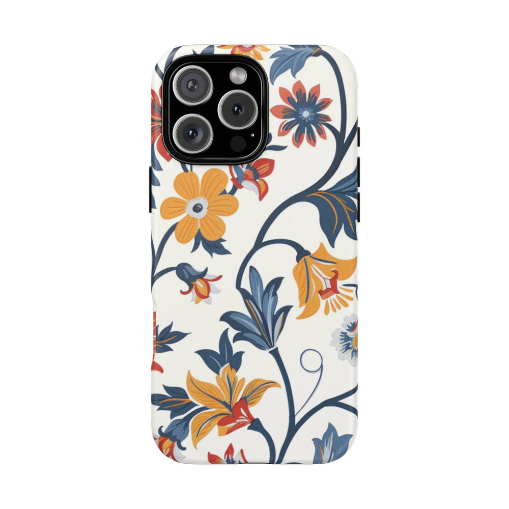 Retro Bloemenpatroon in Blauw, Rood en Geel