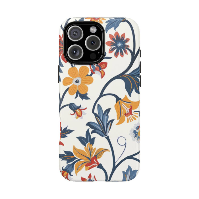 Retro Bloemenpatroon in Blauw, Rood en Geel