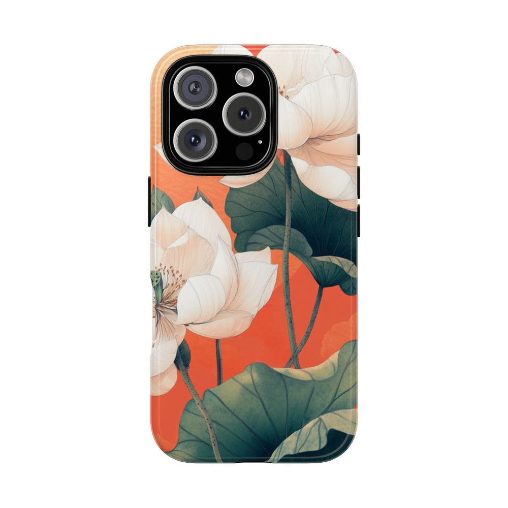 Witte Lotus Bloemen met Groene Bladeren op Oranje Achtergrond