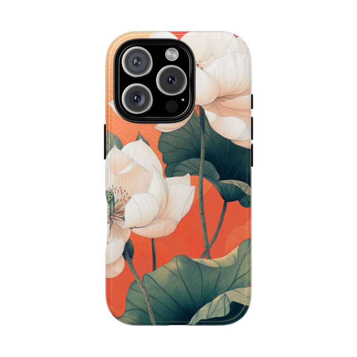 Witte Lotus Bloemen met Groene Bladeren op Oranje Achtergrond