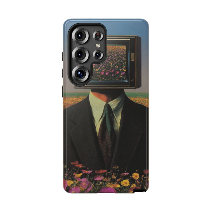 Surrealistische Man met Televisiehoofd in Bloemenveld