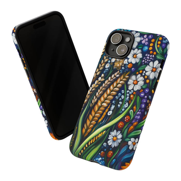 Kleurrijke Bloemen en Goudgele Tarwe in Folk Art Stijl