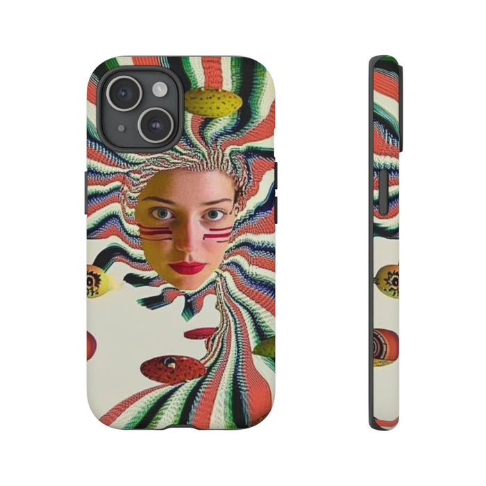 Surrealistisch Vrouwenportret met Kleurrijke Strepen en Zwevende Vormen