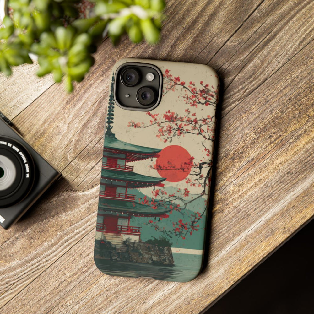 Pagode met Kersenbloesems en Rode Zon