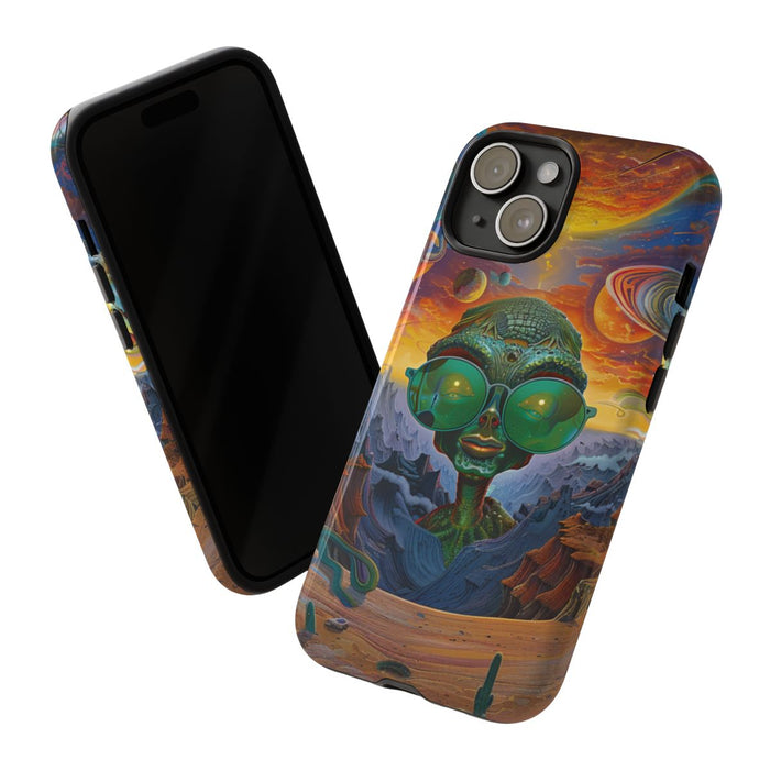 Groene Alien met Zonnebril in Psychedelisch Ruimtelandschap