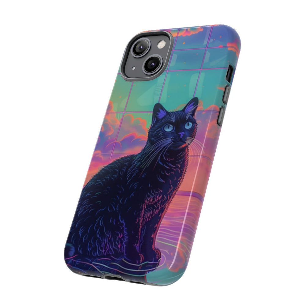 Zwarte Kat met Neonlucht Reflectie