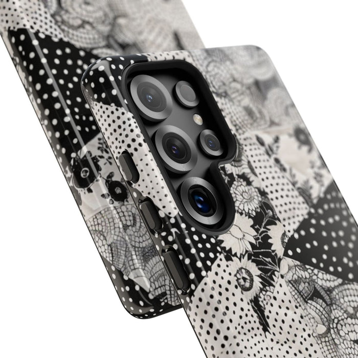 Zwart-Wit Patchwork met Bloemen en Stippen
