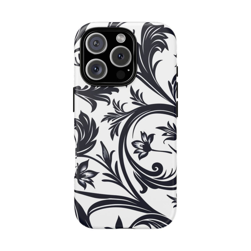 Zwart-Wit Bloemmotief met Sierlijke Krullen