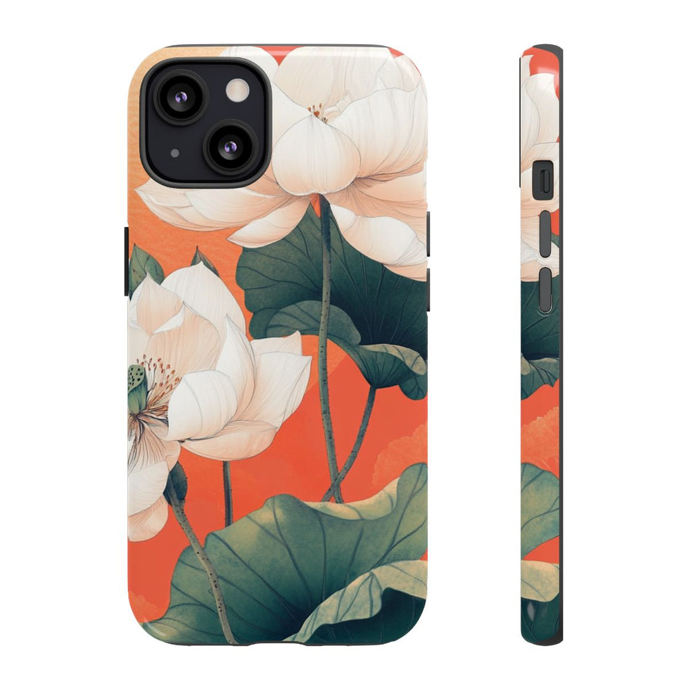 Witte Lotus Bloemen met Groene Bladeren op Oranje Achtergrond