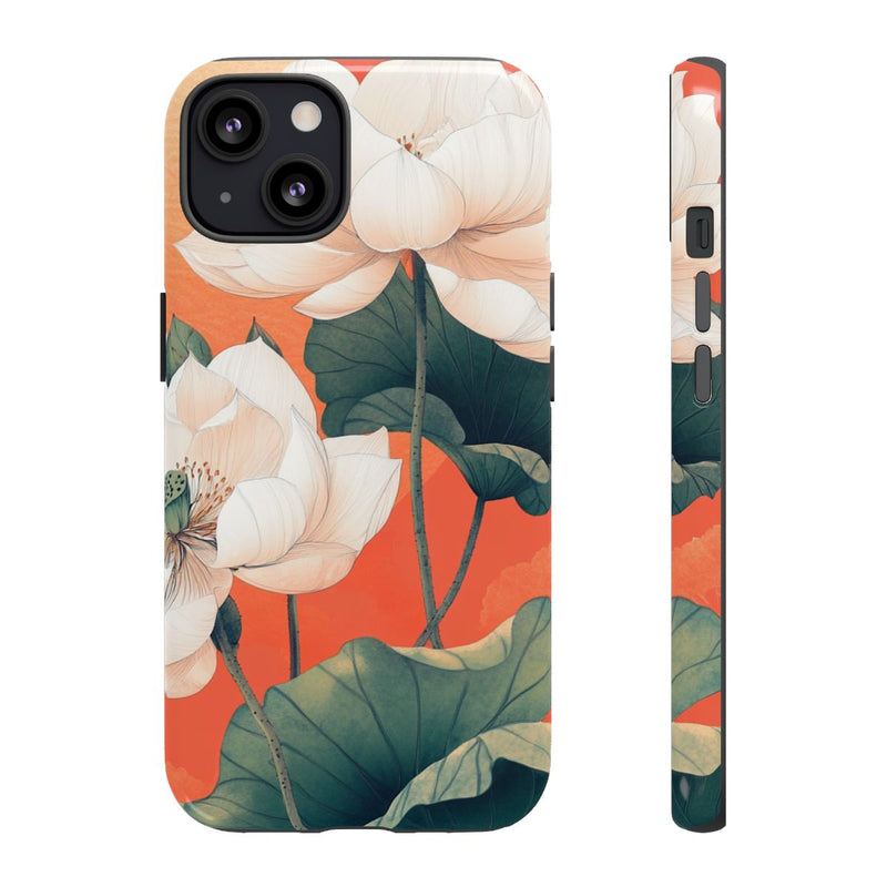 Witte Lotus Bloemen met Groene Bladeren op Oranje Achtergrond