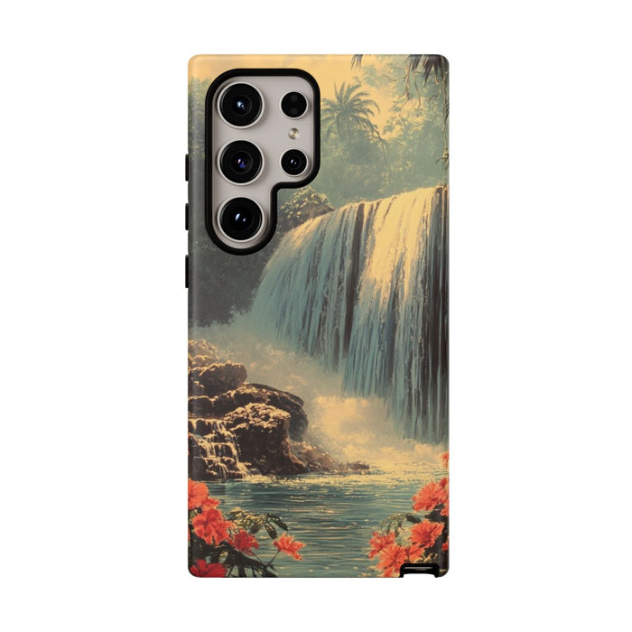 Tropische Waterval met Rode Bloemen