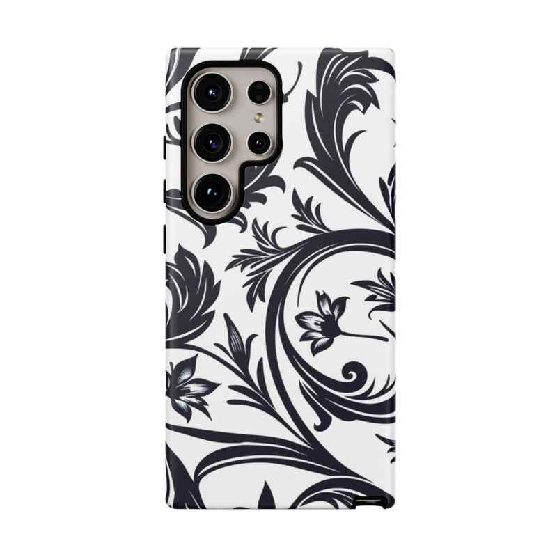 Zwart-Wit Bloemmotief met Sierlijke Krullen