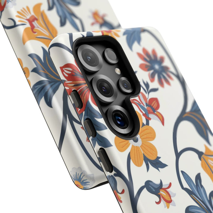 Retro Bloemenpatroon in Blauw, Rood en Geel