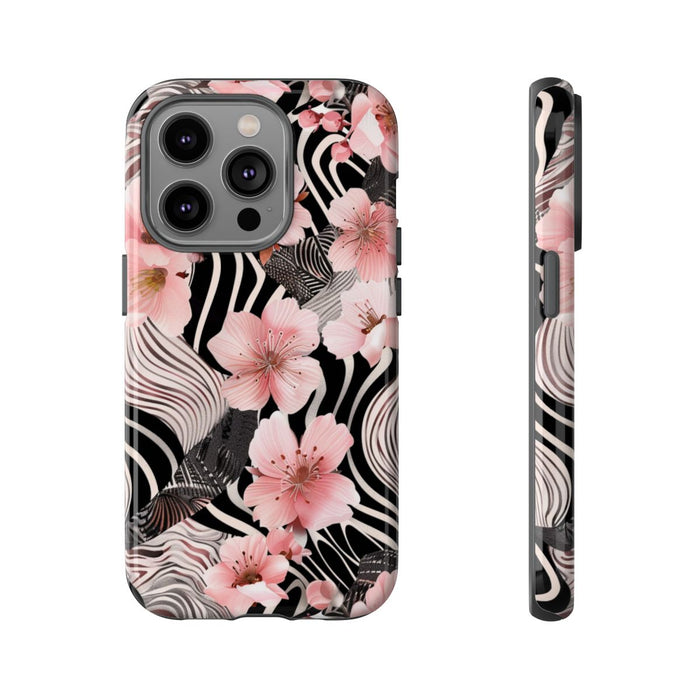 Roze Kersenbloesems met Zwart-Wit Abstract Patroon