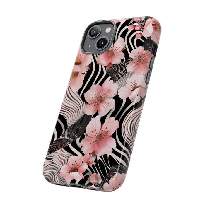 Roze Kersenbloesems met Zwart-Wit Abstract Patroon