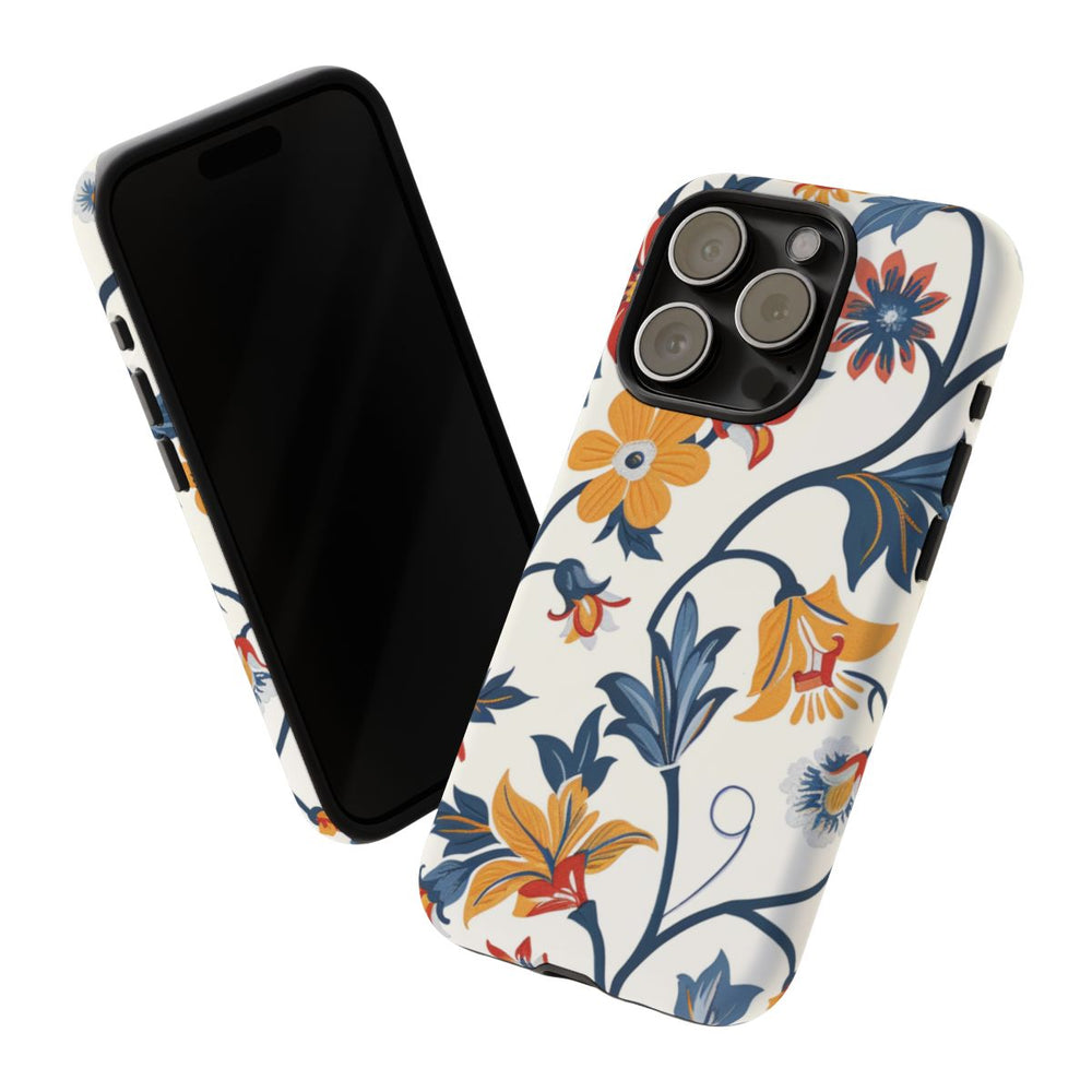 Retro Bloemenpatroon in Blauw, Rood en Geel