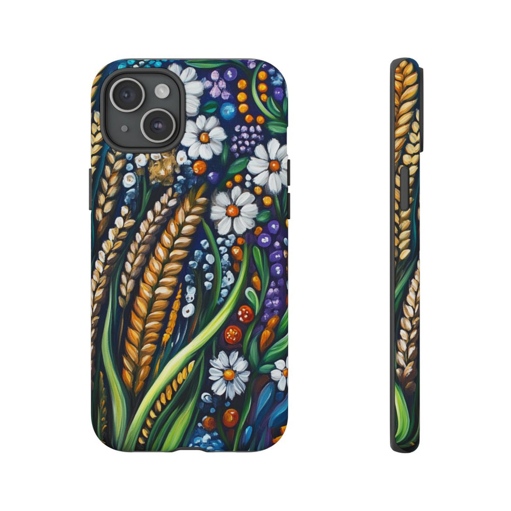 Kleurrijke Bloemen en Goudgele Tarwe in Folk Art Stijl
