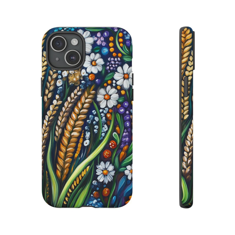 Kleurrijke Bloemen en Goudgele Tarwe in Folk Art Stijl