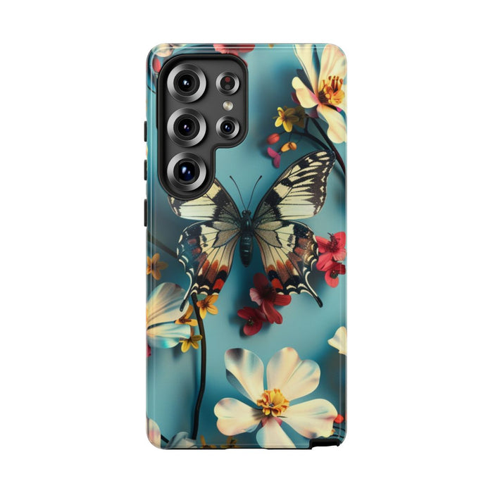 Vlinder en Bloemenpatroon op Blauw
