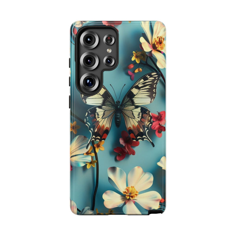 Vlinder en Bloemenpatroon op Blauw