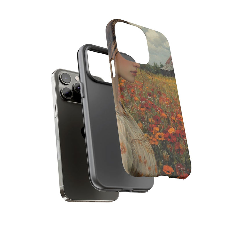 Jonge Vrouw in Bloemenveld met Schuur