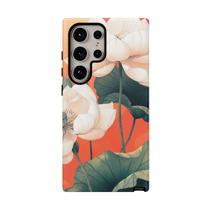 Witte Lotus Bloemen met Groene Bladeren op Oranje Achtergrond
