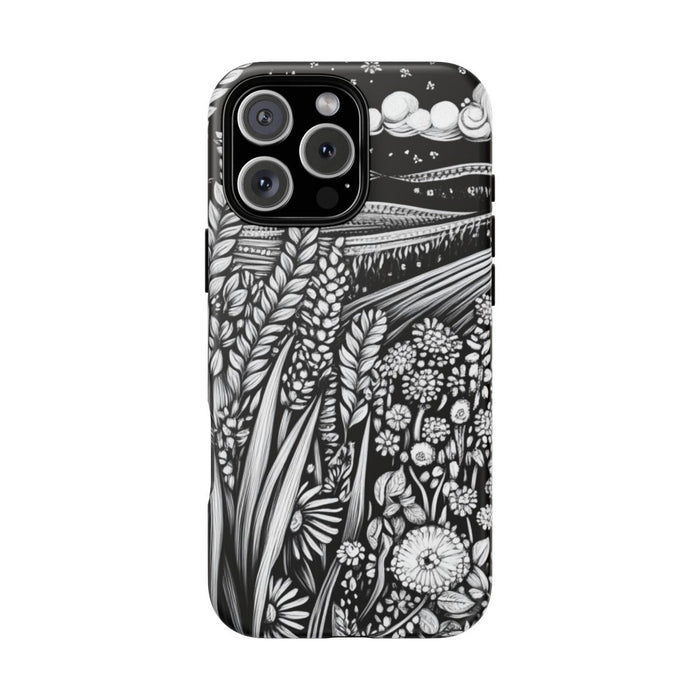 Zwart-Wit Folklore Stijl Tarwe en Bloemenlandschap