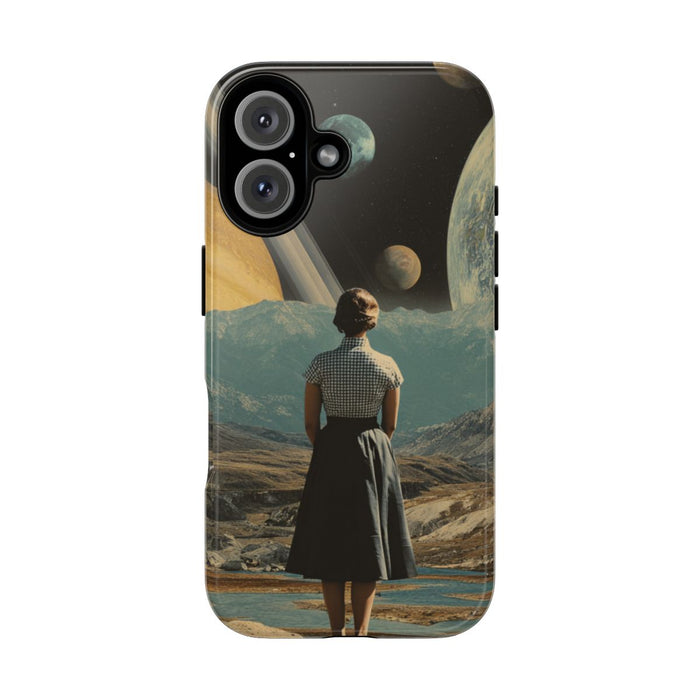Vrouw in Vintage Jurk met Planetenlandschap