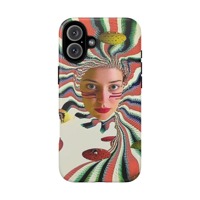 Surrealistisch Vrouwenportret met Kleurrijke Strepen en Zwevende Vormen