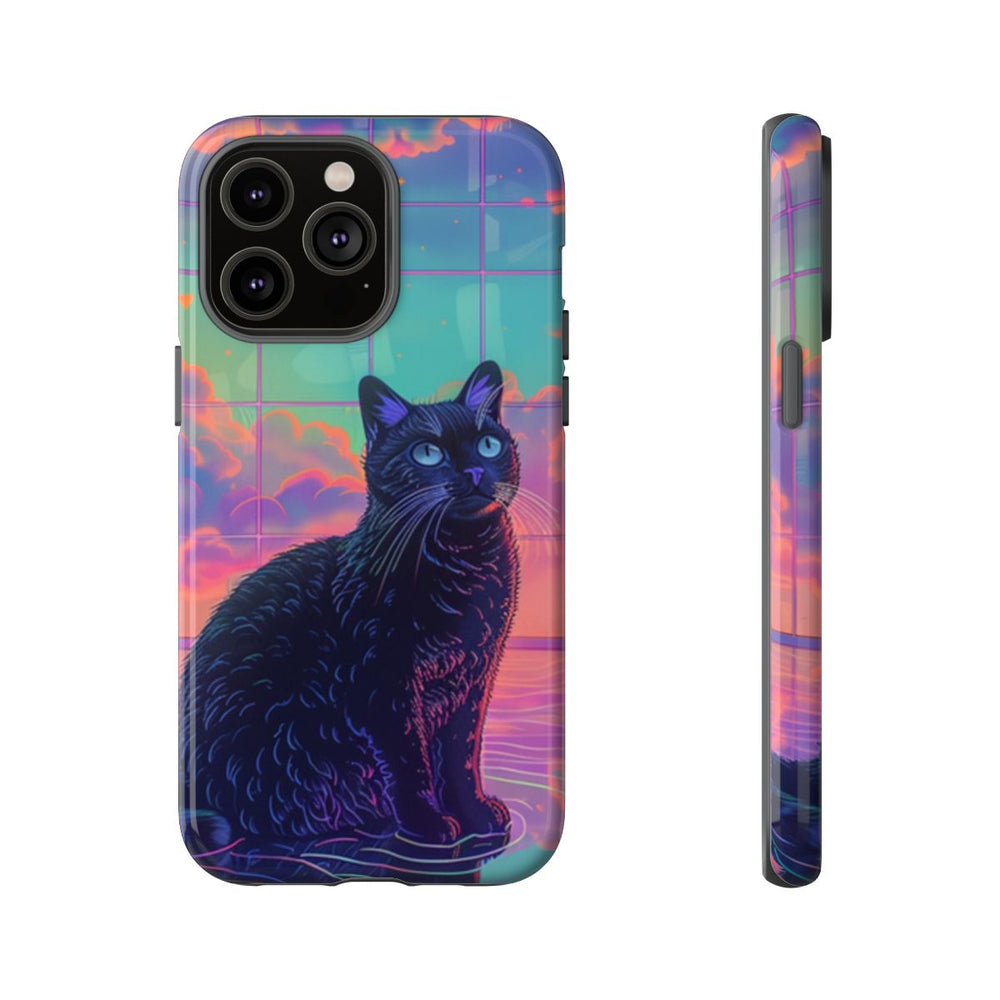 Zwarte Kat met Neonlucht Reflectie