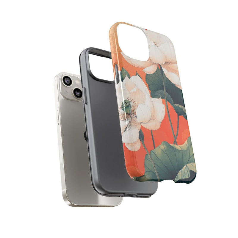 Witte Lotus Bloemen met Groene Bladeren op Oranje Achtergrond