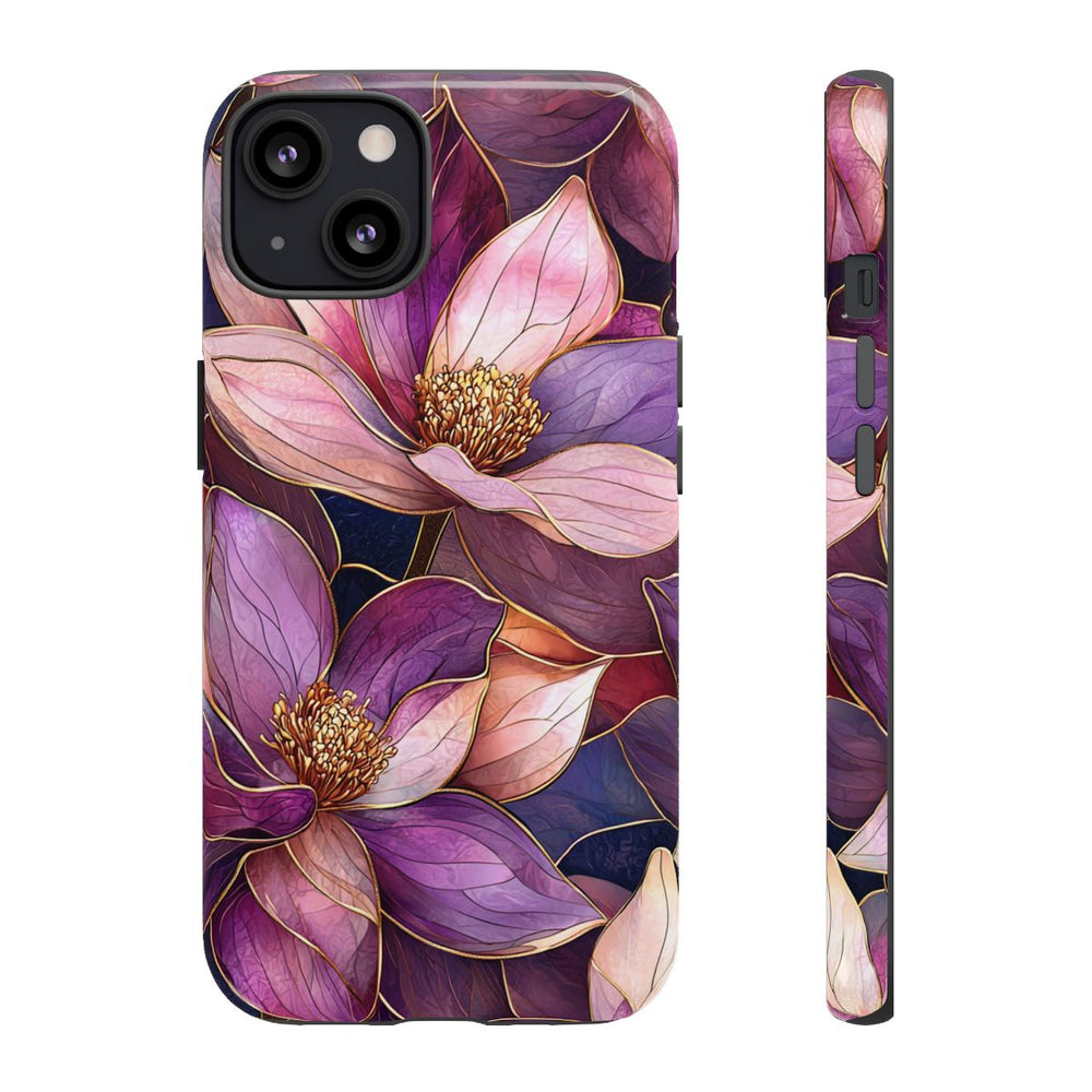 Paarse Magnolia Bloemen in Glas-in-lood