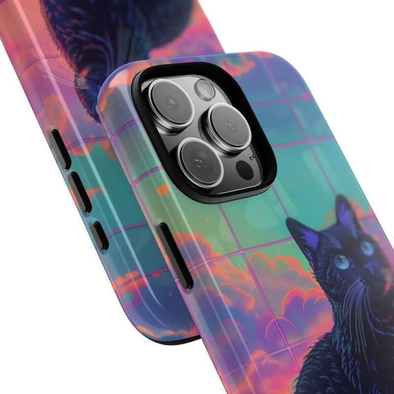 Zwarte Kat met Neonlucht Reflectie