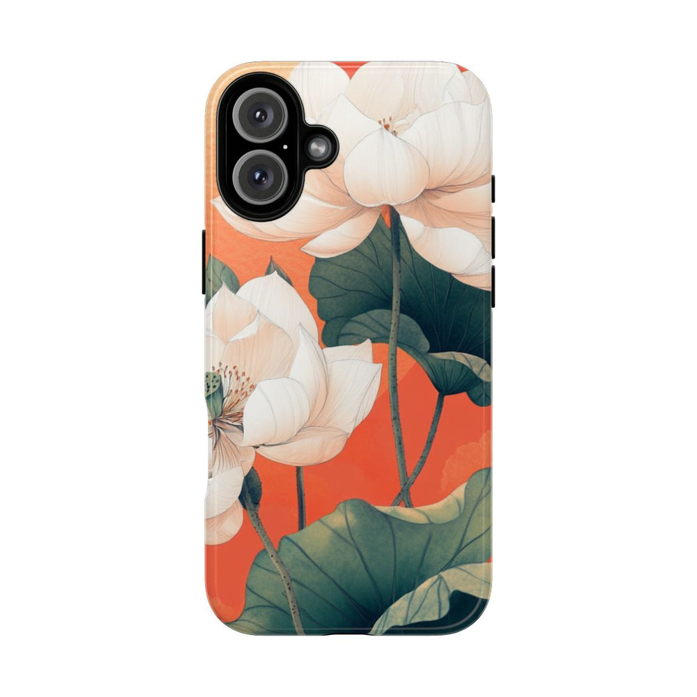 Witte Lotus Bloemen met Groene Bladeren op Oranje Achtergrond