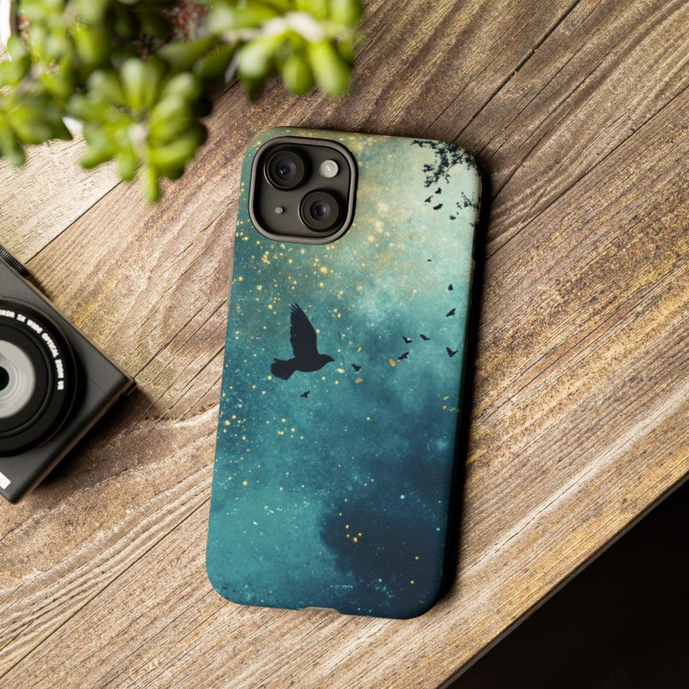 Nachtelijke Lucht met Vliegende Vogels en Bomen