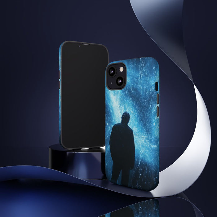 Silhouet met Blauwe Abstracte Lichtuitbarsting