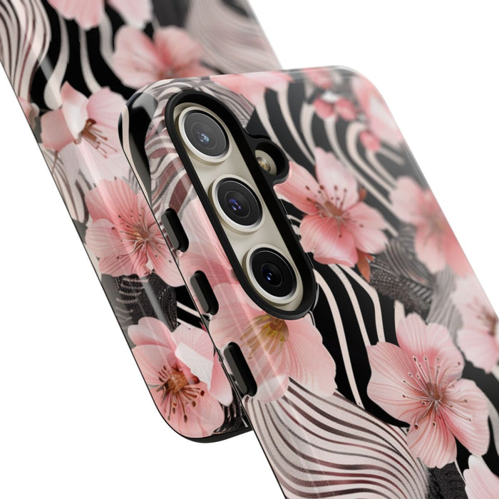Roze Kersenbloesems met Zwart-Wit Abstract Patroon