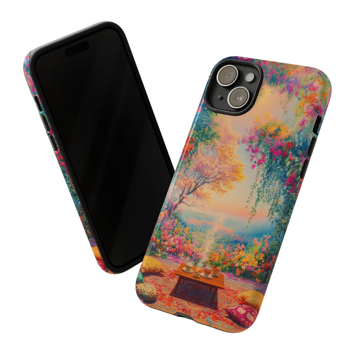 Levendige Bloemrijke Scene met Gezellige Kussens